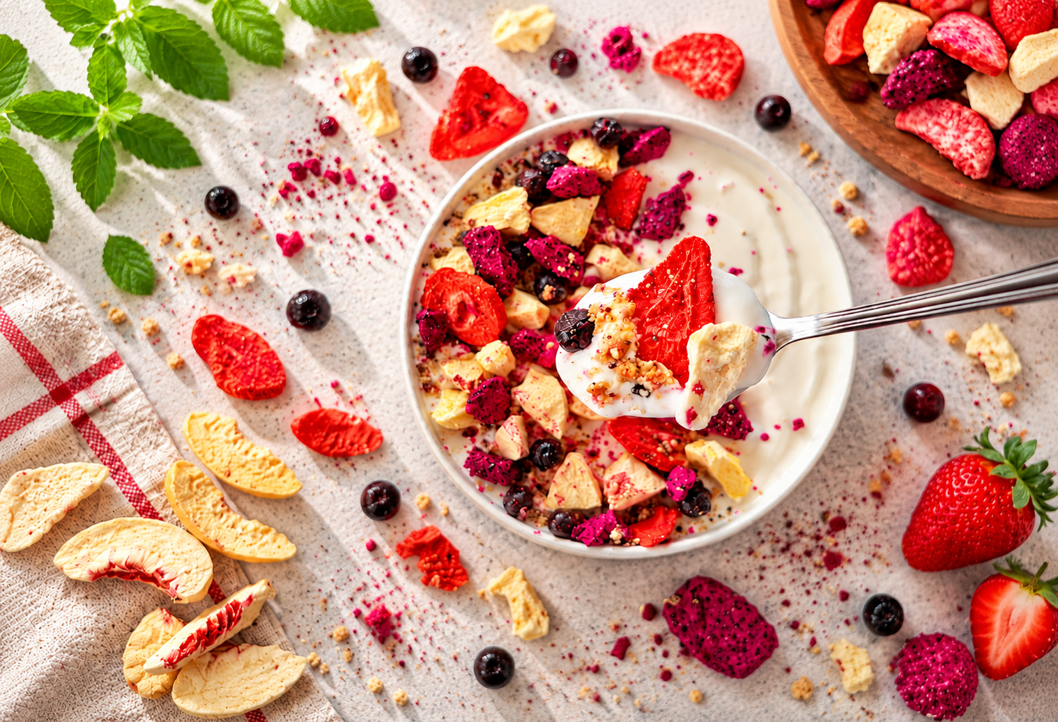 Gefriergetrocknete Früchte in einer Joghurt-Bowl mit Erdbeeren, Drachenfrucht und Beeren.