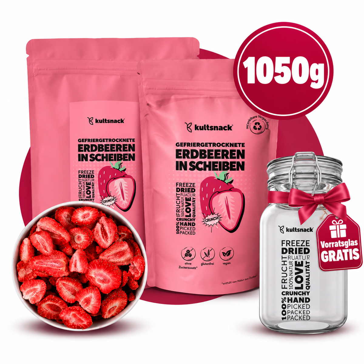 Gefriergetrocknete Erdbeeren in Scheiben 350g (250g + 100g)